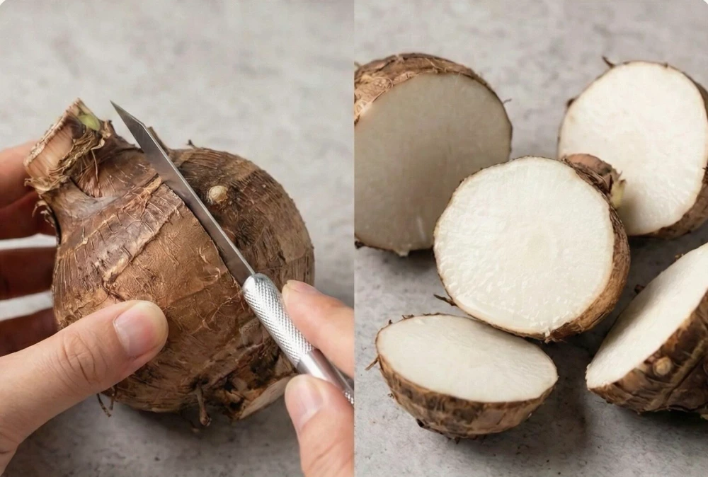 How to Propagate Caladiums: Divide Tubers Without Rot 8 Caladium tuber being cut into larger pieces for propagation