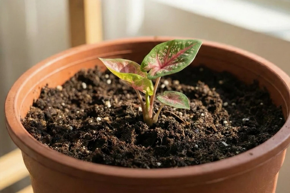 How to Propagate Caladiums: Divide Tubers Without Rot 10 young caladium shoot growing in a pot after division or planting