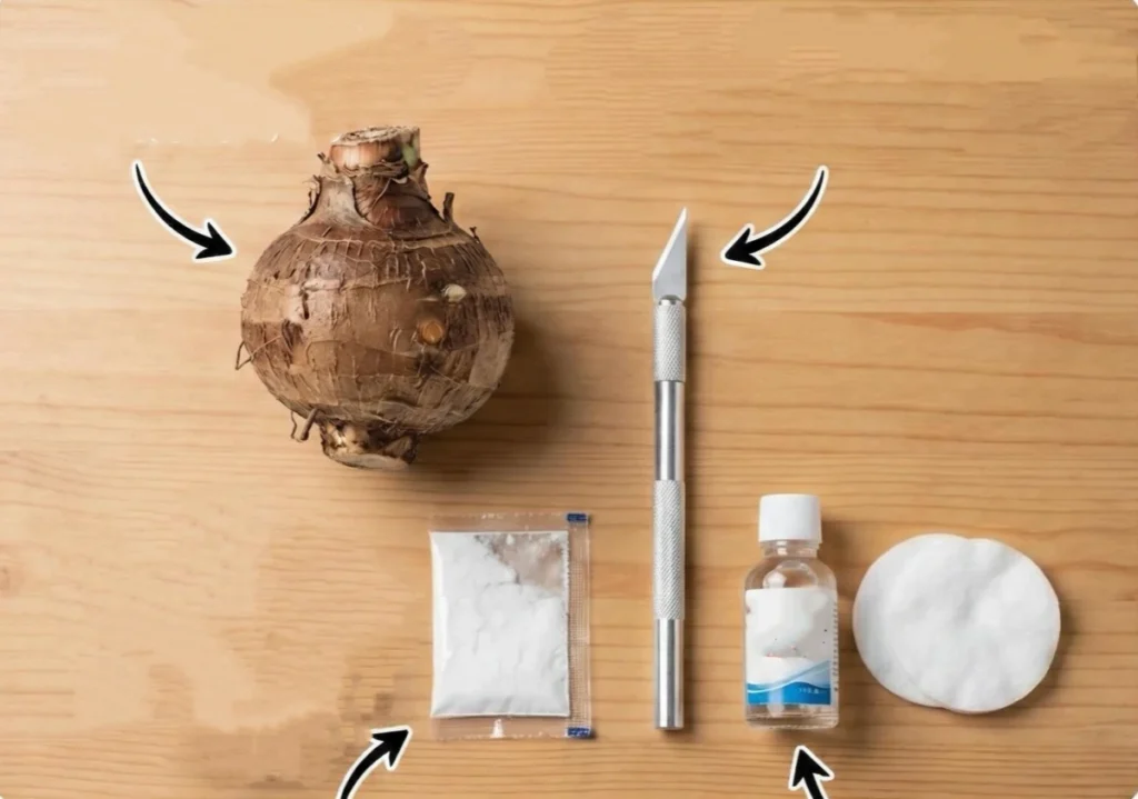 How to Propagate Caladiums: Divide Tubers Without Rot 6 Caladium tuber with a clean cutting blade, dry powder, rubbing alcohol, and cotton pad prepared for tuber division